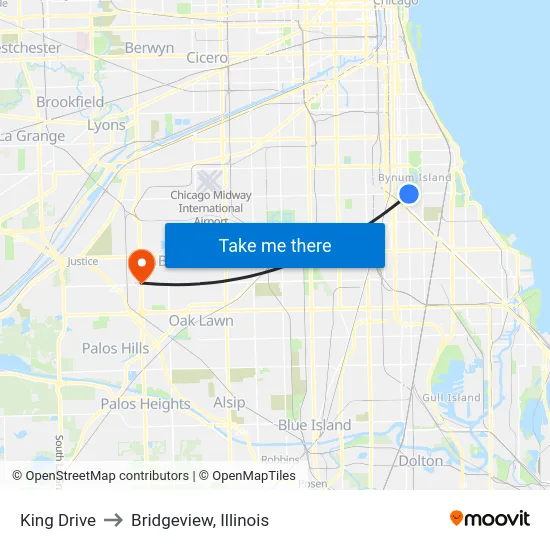 King Drive to Bridgeview, Illinois map