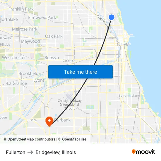 Fullerton to Bridgeview, Illinois map