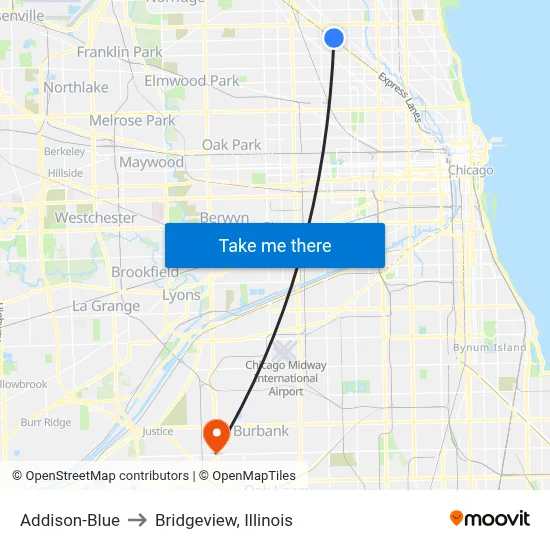 Addison-Blue to Bridgeview, Illinois map