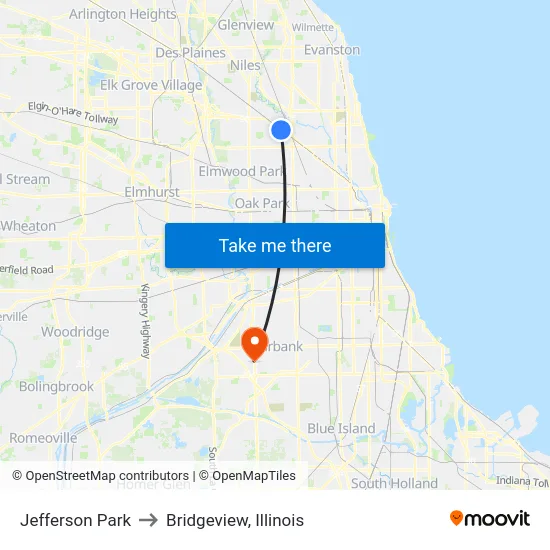 Jefferson Park to Bridgeview, Illinois map
