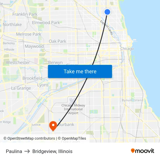 Paulina to Bridgeview, Illinois map