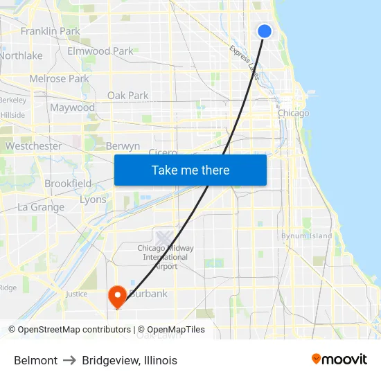 Belmont to Bridgeview, Illinois map