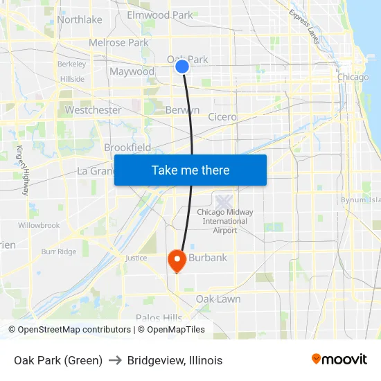 Oak Park (Green) to Bridgeview, Illinois map