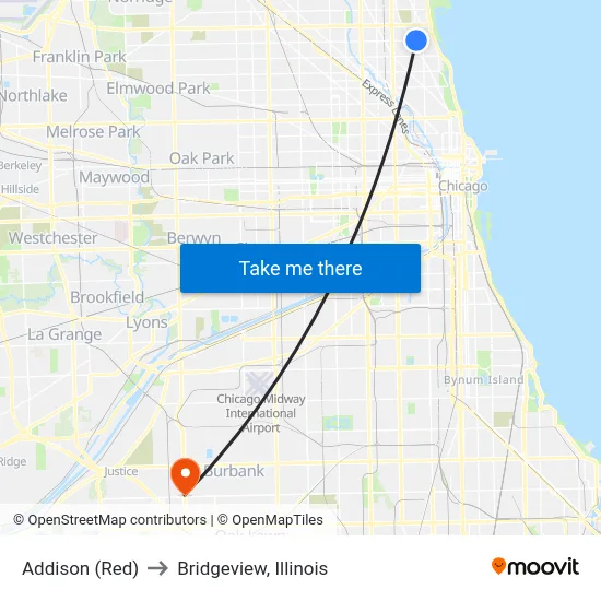 Addison (Red) to Bridgeview, Illinois map