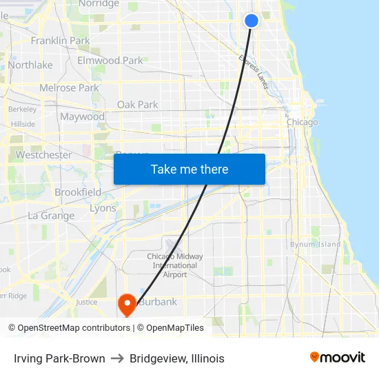 Irving Park-Brown to Bridgeview, Illinois map