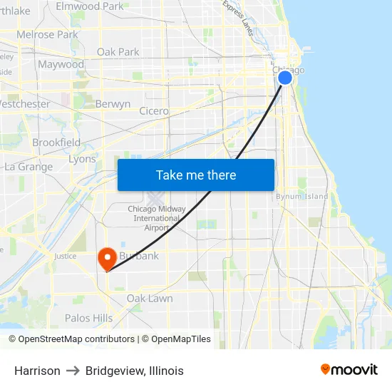 Harrison to Bridgeview, Illinois map