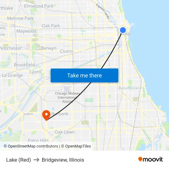 Lake (Red) to Bridgeview, Illinois map