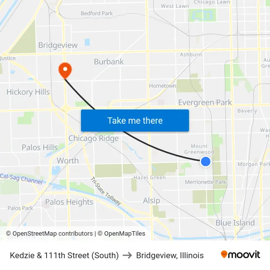 Kedzie & 111th Street (South) to Bridgeview, Illinois map
