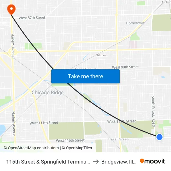 115th Street & Springfield Terminal (South) to Bridgeview, Illinois map