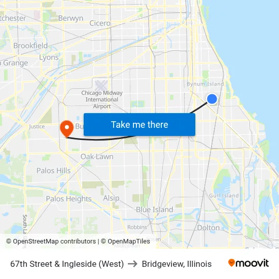 67th Street & Ingleside (West) to Bridgeview, Illinois map