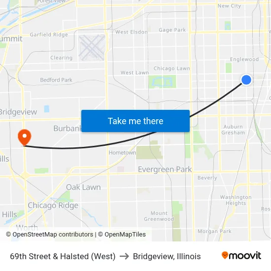 69th Street & Halsted (West) to Bridgeview, Illinois map