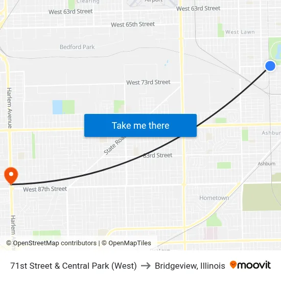 71st Street & Central Park (West) to Bridgeview, Illinois map
