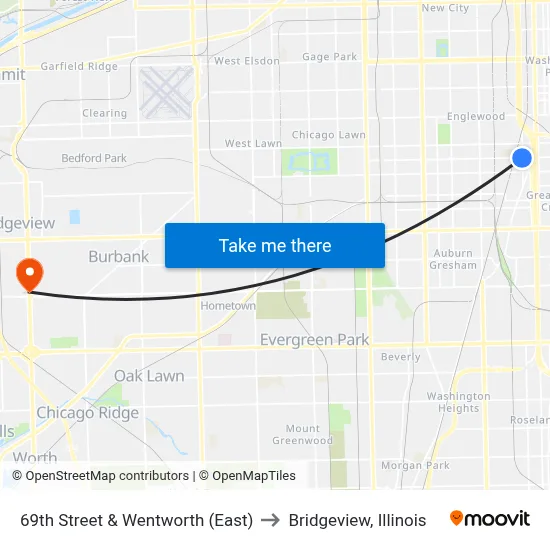 69th Street & Wentworth (East) to Bridgeview, Illinois map