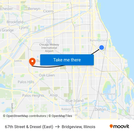 67th Street & Drexel (East) to Bridgeview, Illinois map