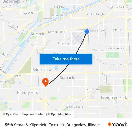 55th Street & Kilpatrick (East) to Bridgeview, Illinois map