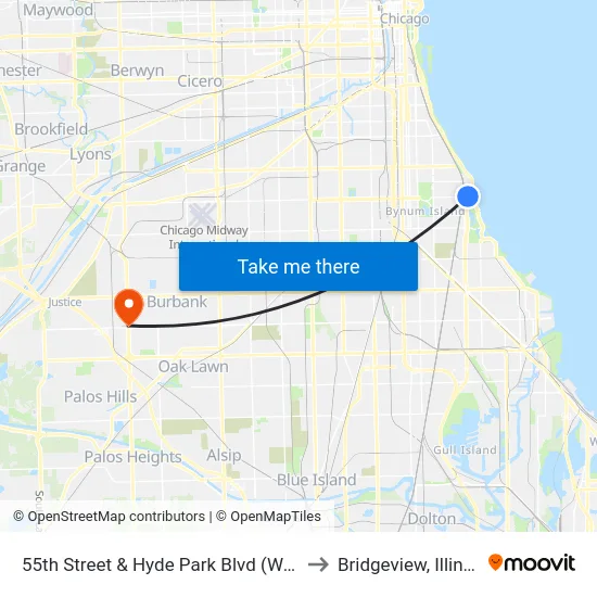 55th Street & Hyde Park Blvd (West) to Bridgeview, Illinois map