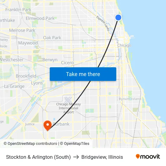 Stockton & Arlington (South) to Bridgeview, Illinois map