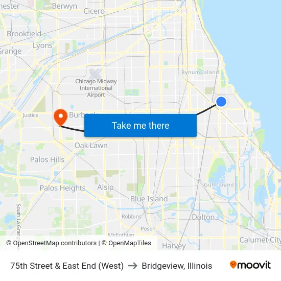75th Street & East End (West) to Bridgeview, Illinois map