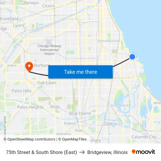 75th Street & South Shore (East) to Bridgeview, Illinois map