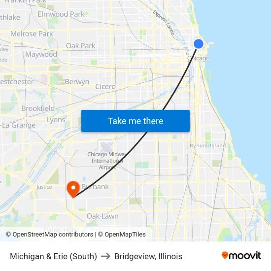 Michigan & Erie (South) to Bridgeview, Illinois map