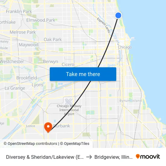 Diversey & Sheridan/Lakeview (East) to Bridgeview, Illinois map