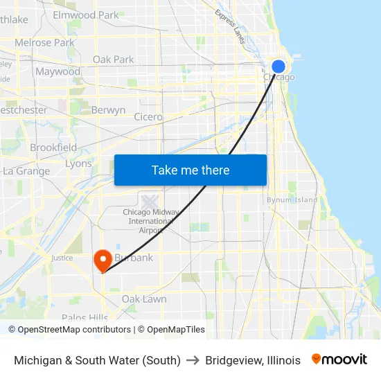 Michigan & South Water (South) to Bridgeview, Illinois map