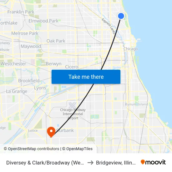 Diversey & Clark/Broadway (West) to Bridgeview, Illinois map