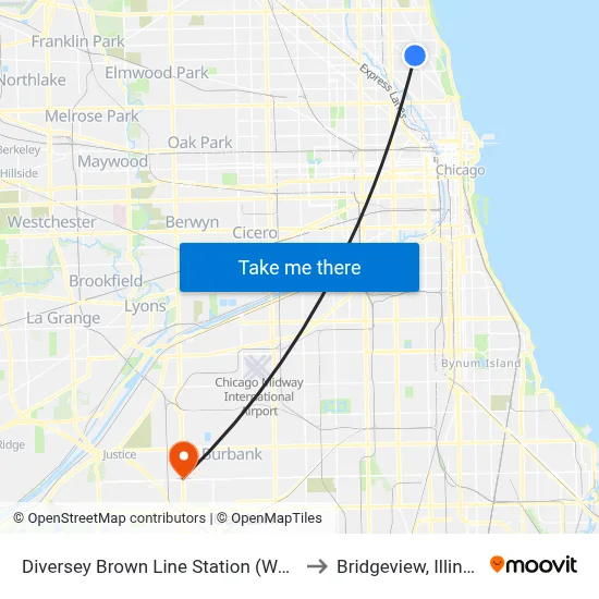Diversey Brown Line Station (West) to Bridgeview, Illinois map