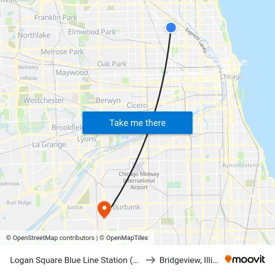 Logan Square Blue Line Station (South) to Bridgeview, Illinois map