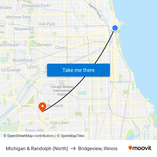 Michigan & Randolph (North) to Bridgeview, Illinois map