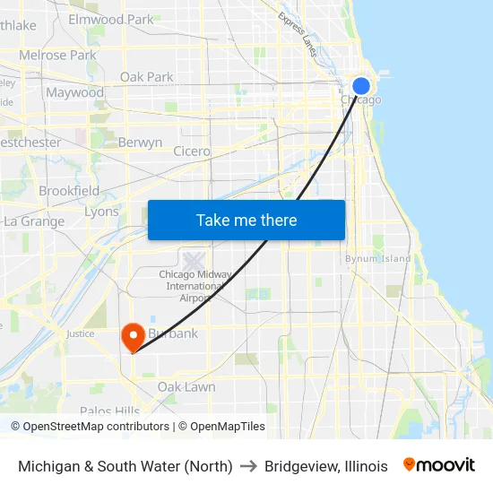 Michigan & South Water (North) to Bridgeview, Illinois map