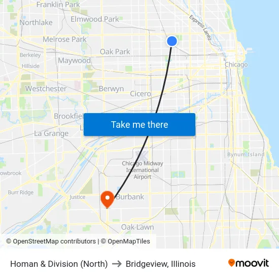 Homan & Division (North) to Bridgeview, Illinois map