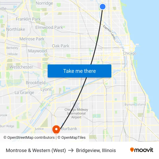 Montrose & Western (West) to Bridgeview, Illinois map