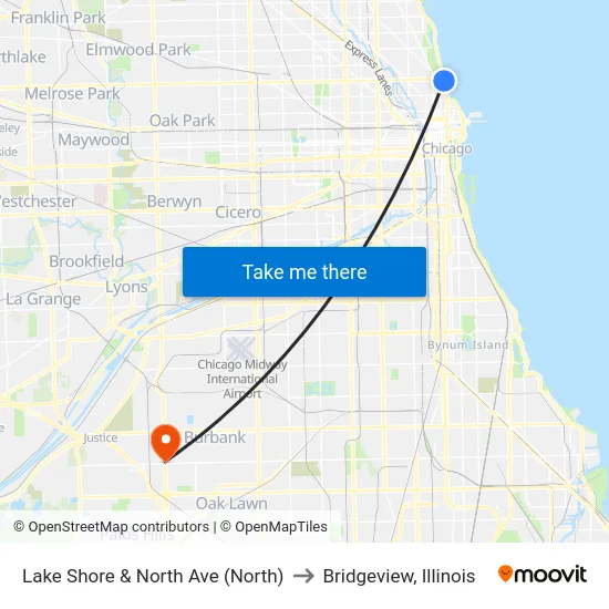 Lake Shore & North Ave (North) to Bridgeview, Illinois map