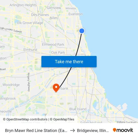 Bryn Mawr Red Line Station (East) to Bridgeview, Illinois map