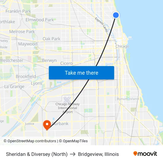 Sheridan & Diversey (North) to Bridgeview, Illinois map