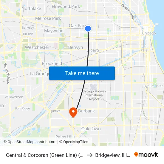 Central & Corcoran (Green Line) (North) to Bridgeview, Illinois map