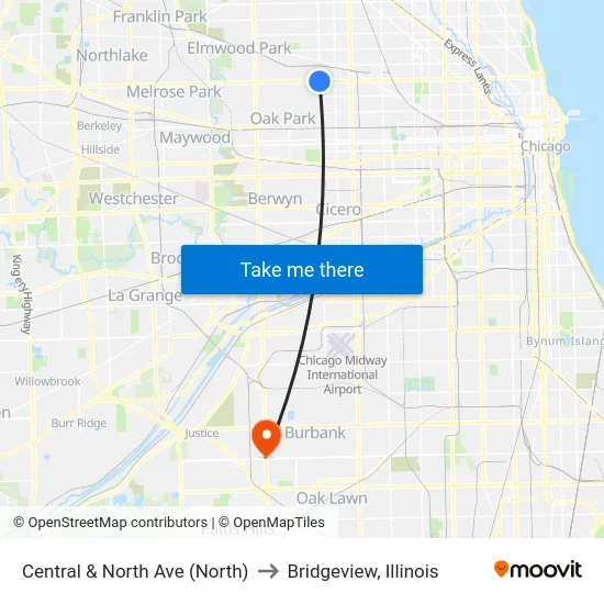Central & North Ave (North) to Bridgeview, Illinois map