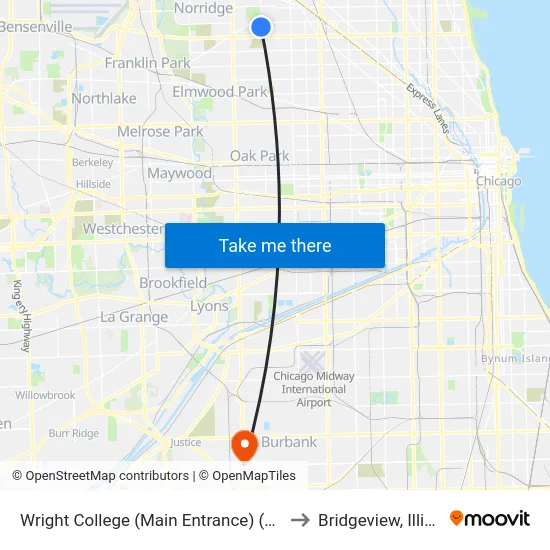 Wright College (Main Entrance) (North) to Bridgeview, Illinois map