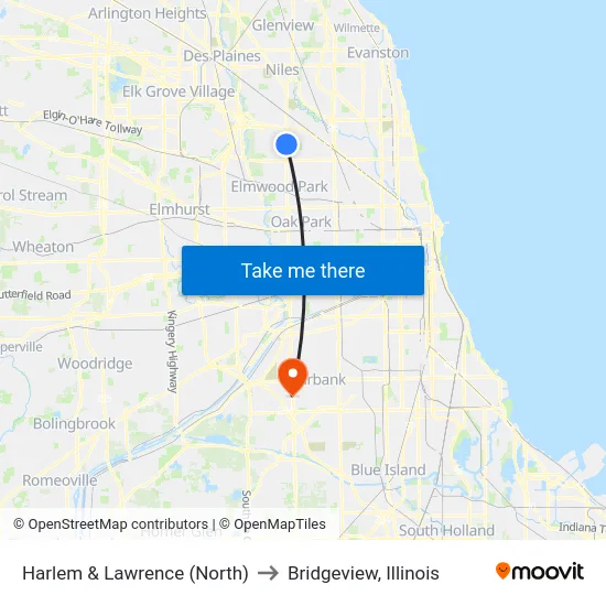 Harlem & Lawrence (North) to Bridgeview, Illinois map