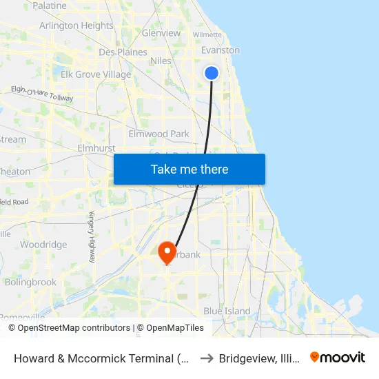 Howard & Mccormick Terminal (North) to Bridgeview, Illinois map