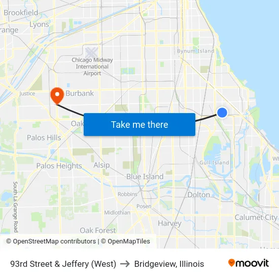 93rd Street & Jeffery (West) to Bridgeview, Illinois map