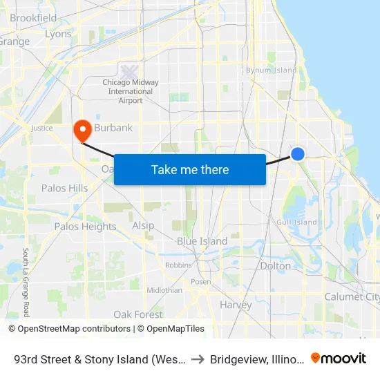 93rd Street & Stony Island (West) to Bridgeview, Illinois map