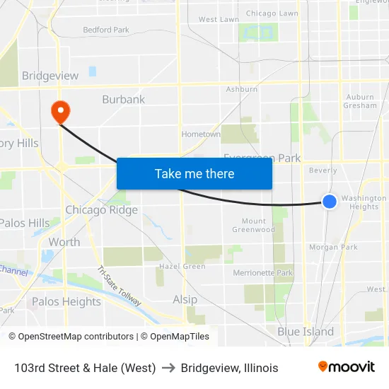 103rd Street & Hale (West) to Bridgeview, Illinois map