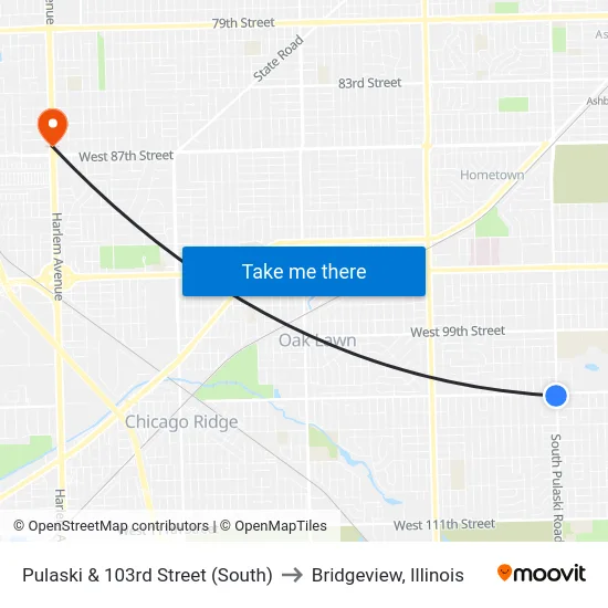 Pulaski & 103rd Street (South) to Bridgeview, Illinois map