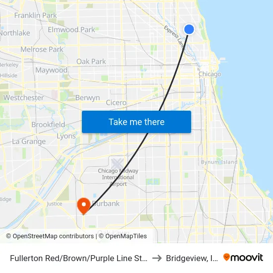 Fullerton Red/Brown/Purple Line Station (West) to Bridgeview, Illinois map