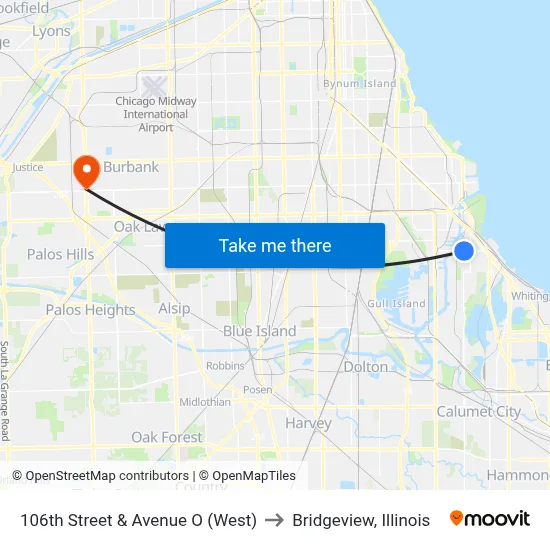106th Street & Avenue O (West) to Bridgeview, Illinois map