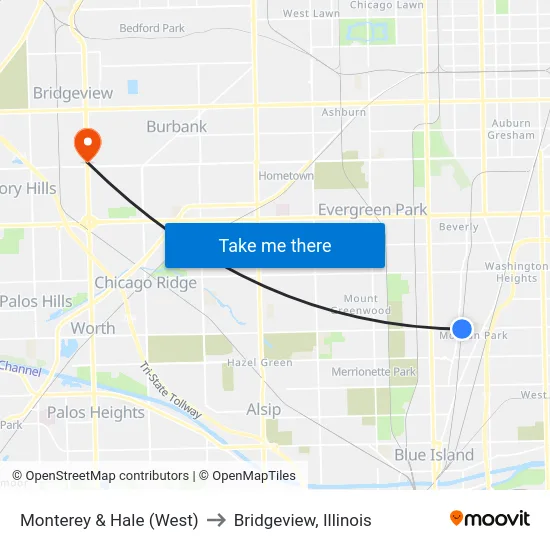 Monterey & Hale (West) to Bridgeview, Illinois map