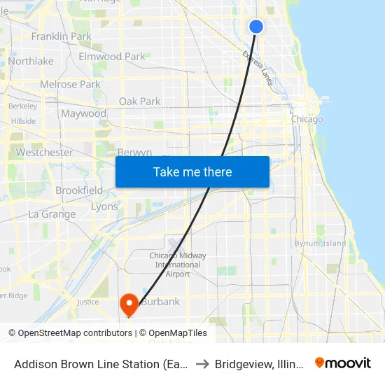 Addison Brown Line Station (East) to Bridgeview, Illinois map