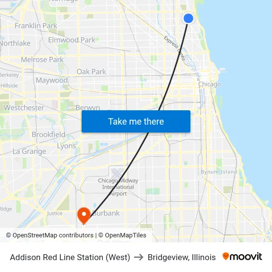 Addison Red Line Station (West) to Bridgeview, Illinois map